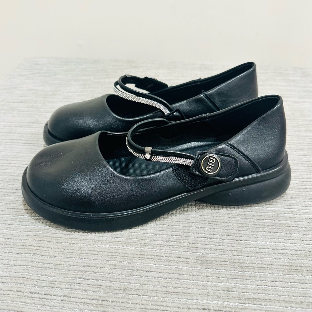 New Women’s Black Mary Jane Flats - Crystal Chain Strap School/Office Shoes 8,5